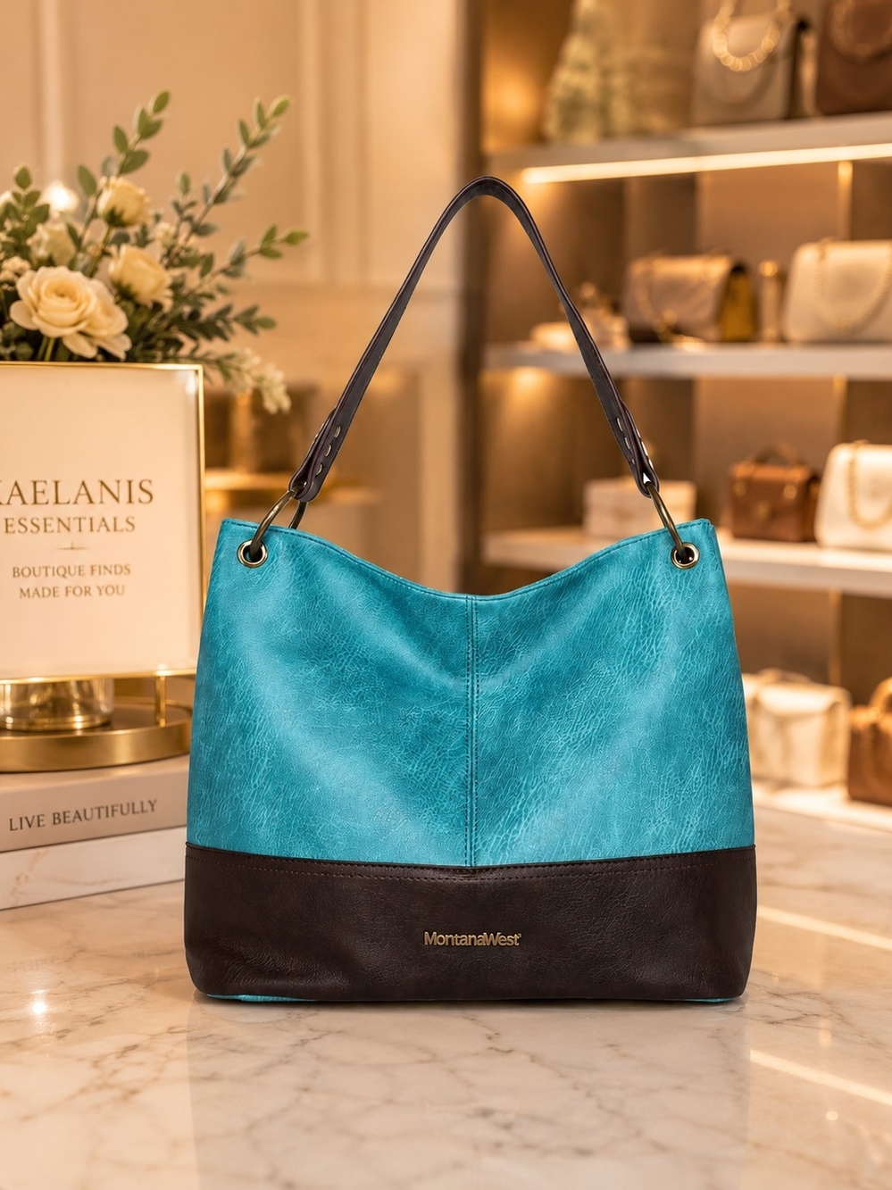 Montana West Teal and Brown Shoulder Bag with Gold Logo